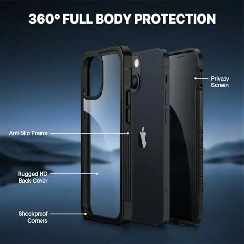 CENHUFO Privacy for iPhone 13 Mini Case, Full Body Phone Case with Built-in 9H Tempered Glass Privacy Screen Protector, Anti Peep Anti Spy Shockproof Protective Bumper Clear Cover - Black - 3