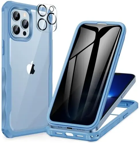 CENHUFO iPhone 13 Pro Max uchun g'ilof, o'rnatilgan Anti Peep temperli shisha maxfiylik ekran himoyachisi va kamera himoyasi, to'liq tanani zarbadan himoya qiluvchi shaffof ikki tomonlama bamperli maxfiylik telefon qopqog'i - Moviy - 6