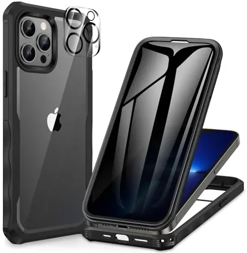 CENHUFO iPhone 13 Pro Max uchun shaxsiy qulf, o'rnatilgan 9H temperli shisha shaxsiy ekran himoyachisi va kamera linzalari himoyachisi, zarbaga chidamli bamperli tiniq qopqoq - qora rangli to'liq korpusli telefon qutisi 