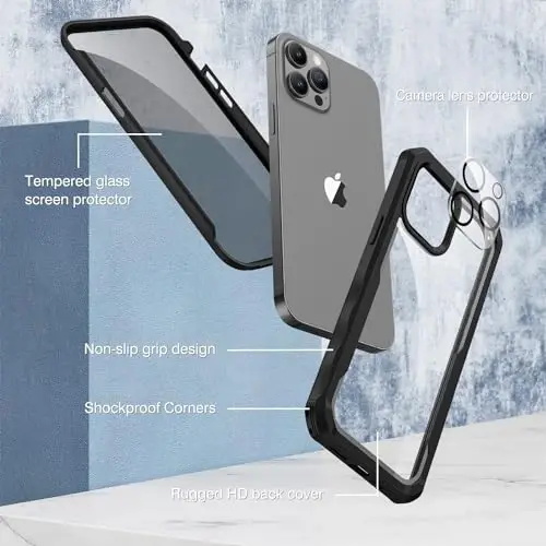 CENHUFO iPhone 13 Pro Max uchun shaxsiy qulf, o'rnatilgan 9H temperli shisha shaxsiy ekran himoyachisi va kamera linzalari himoyachisi, zarbaga chidamli bamperli tiniq qopqoq - qora rangli to'liq korpusli telefon qutisi - 3