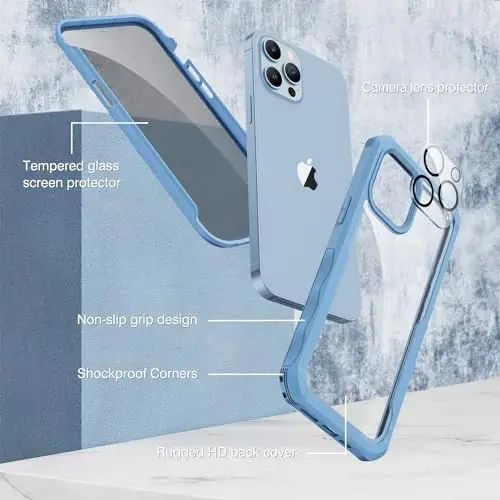 CENHUFO iPhone 13 Pro uchun g'ilof, o'rnatilgan Anti Peep temperli shisha maxfiylik ekran himoyachisi va kamera himoyasi, to'liq korpusli zarbaga chidamli Anti Spy shaffof ikki tomonlama bamper - Moviy - 2
