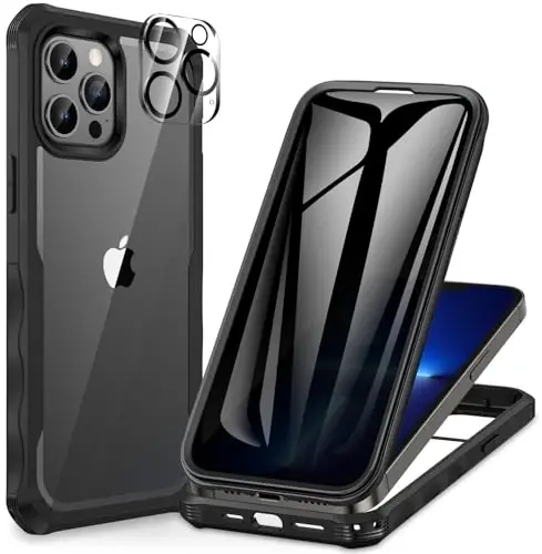 CENHUFO iPhone 13 Pro uchun shaxsiy qulf, o'rnatilgan 9H temperli shisha shaxsiy ekran himoyachisi va kamera linzalari himoyachisi bilan to'liq korpusli telefon qutisi, o'g'irlikdan himoyalangan zarbga chidamli tamponli tiniq qopqoq - qora 