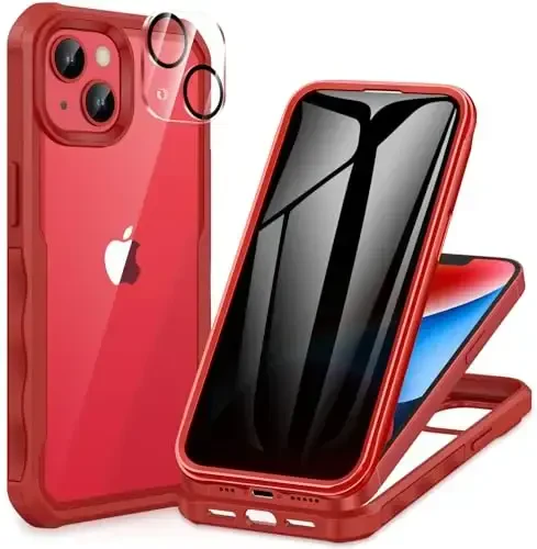 CENHUFO iPhone 14 Case/iPhone 13 Case uchun maxfiylik, O'rnatilgan 9H temperlangan shisha maxfiylik ekran himoyachisi va kamera linzalari himoyachisi, zarbga chidamli bamperli shaffof qopqoq - Qizil 