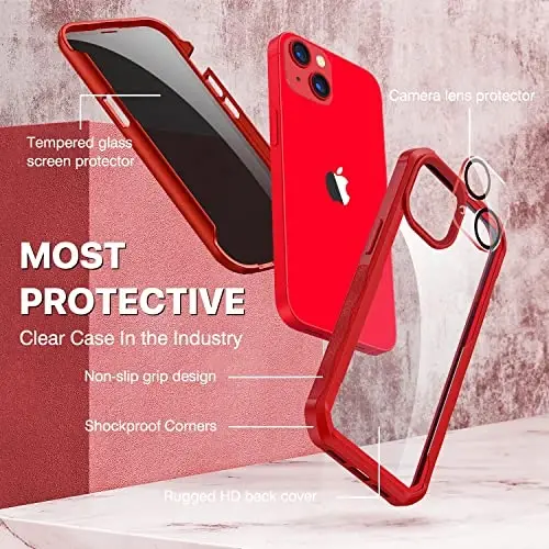 CENHUFO iPhone 14 Case/iPhone 13 Case uchun maxfiylik, O'rnatilgan 9H temperlangan shisha maxfiylik ekran himoyachisi va kamera linzalari himoyachisi, zarbga chidamli bamperli shaffof qopqoq - Qizil - 3