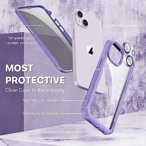 CENHUFO iPhone 14 Case/iPhone 13 Case uchun maxfiylik, o'rnatilgan 9H temperli shisha maxfiylik ekran himoyachisi va kamera linzalari himoyachisi, zarbaga chidamli bamperli shaffof qopqoq - binafsha - 3