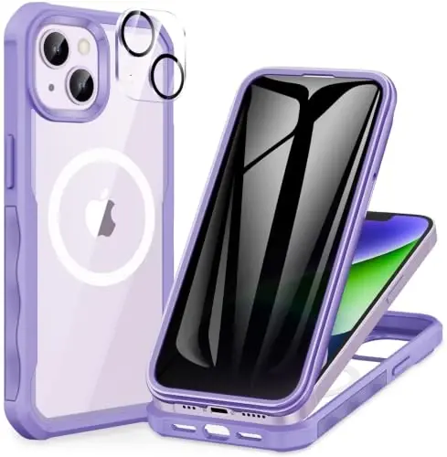 CENHUFO iPhone 14 Case/iPhone 13 Case uchun maxfiylik, o'rnatilgan 9H temperli shisha maxfiylik ekran himoyachisi va kamera linzalari himoyachisi, zarbaga chidamli bamperli shaffof qopqoq - binafsha 