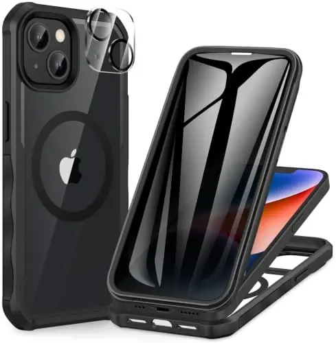 CENHUFO iPhone 14 Case/iPhone 13 Case uchun maxfiylik, O'rnatilgan 9H temperli shisha maxfiylik ekran himoyachisi va kamera linzalari himoyachisi, zarbga chidamli bamper shaffof qopqoq - Qora 
