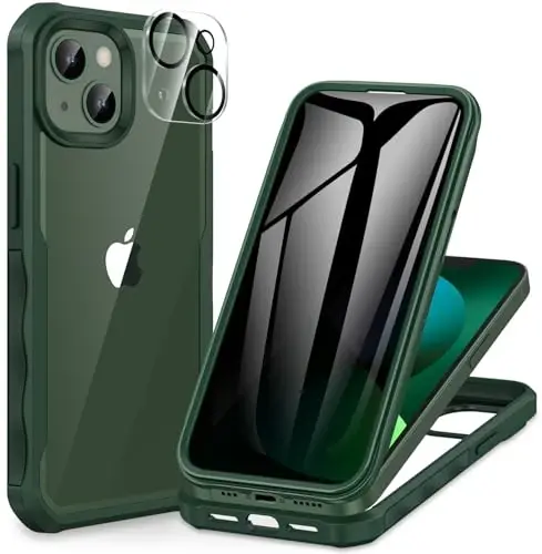 CENHUFO iPhone 14 Case/iPhone 13 Case uchun maxfiylik, oʻrnatilgan 9H temperli shisha maxfiylik ekran himoyachisi va kamera linzalari himoyachisi, zarbga chidamli tamponli shaffof qopqoq - Yashil 