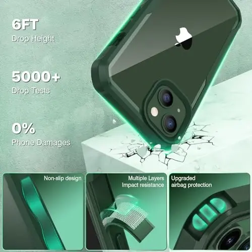CENHUFO iPhone 14 Case/iPhone 13 Case uchun maxfiylik, oʻrnatilgan 9H temperli shisha maxfiylik ekran himoyachisi va kamera linzalari himoyachisi, zarbga chidamli tamponli shaffof qopqoq - Yashil - 5