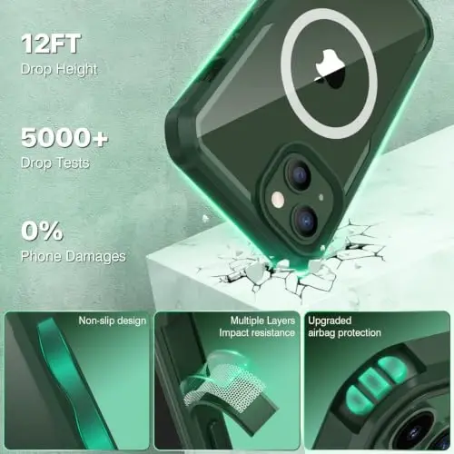CENHUFO iPhone 14 Case/iPhone 13 Case uchun maxfiylik, oʻrnatilgan 9H temperli shisha maxfiylik ekran himoyachisi va kamera linzalari himoyachisi, zarbga chidamli tamponli shaffof qopqoq - Yashil - 4