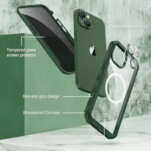 CENHUFO iPhone 14 Case/iPhone 13 Case uchun maxfiylik, oʻrnatilgan 9H temperli shisha maxfiylik ekran himoyachisi va kamera linzalari himoyachisi, zarbga chidamli tamponli shaffof qopqoq - Yashil - 5