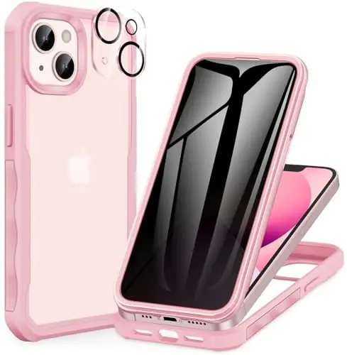 CENHUFO iPhone 14 Case/iPhone 13 Case uchun maxfiylik, oʻrnatilgan 9H закален stikli maxfiylik ekran himoyachisi va kamera linzalari himoyachisi bilan toʻliq korpusli telefon qutisi, zarbaga chidamli bamperli tiniq qopqoq - pushti 