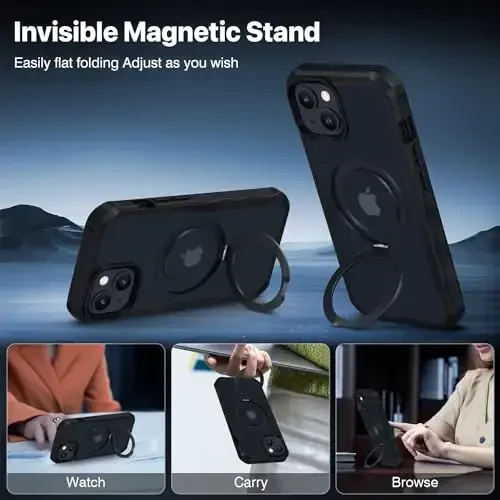 CENHUFO iPhone 14 / iPhone 13 uchun maxfiylik telefon qutisi [Magsafe bilan mos] O'rnatilgan shisha maxfiylik ekran himoyachisi va magnit halqali stend, to'liq korpusli zarbga chidamli shaffof kamera linzalari qopqog'i - qora - 7