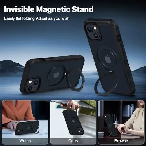 CENHUFO iPhone 14 / iPhone 13 uchun maxfiylik telefon qutisi [Magsafe bilan mos] O'rnatilgan shisha maxfiylik ekran himoyachisi va magnit halqali stend, to'liq korpusli zarbga chidamli shaffof kamera linzalari qopqog'i - qora - 7