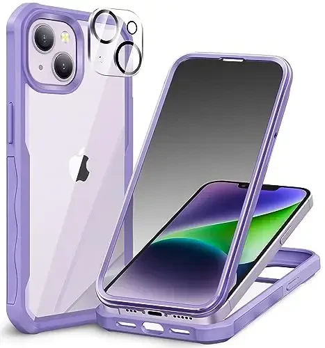 CENHUFO Privacy for iPhone 14 Case/iPhone 13 Case, Full Body Phone Case with Built-in 9H Tempered Glass Privacy Screen Protector and Camera Lens Protector, Shockproof Bumper Clear Cover - Purple 