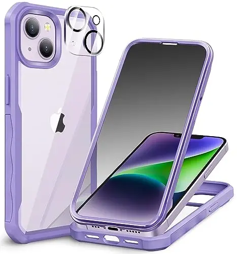 CENHUFO Privacy for iPhone 14 Case/iPhone 13 Case, Full Body Phone Case with Built-in 9H Tempered Glass Privacy Screen Protector and Camera Lens Protector, Shockproof Bumper Clear Cover - Purple - 1