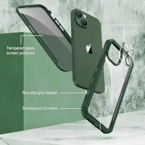 CENHUFO Privacy for iPhone 14 Case/iPhone 13 Case, Full Body Phone Case with Built-in 9H Tempered Glass Privacy Screen Protector and Camera Lens Protector, Shockproof Bumper Clear Cover - Green - 3
