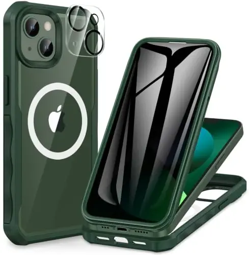 CENHUFO Privacy for iPhone 14 Case/iPhone 13 Case, Full Body Phone Case with Built-in 9H Tempered Glass Privacy Screen Protector and Camera Lens Protector, Shockproof Bumper Clear Cover - Green 