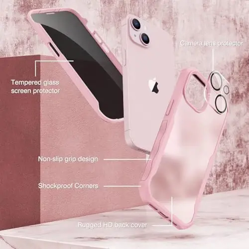 CENHUFO Privacy for iPhone 14 Case/iPhone 13 Case, Full Body Phone Case with Built-in 9H Tempered Glass Privacy Screen Protector and Camera Lens Protector, Shockproof Bumper Clear Cover - Pink - 3