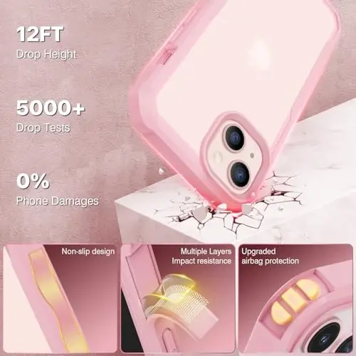 CENHUFO Privacy for iPhone 14 Case/iPhone 13 Case, Full Body Phone Case with Built-in 9H Tempered Glass Privacy Screen Protector and Camera Lens Protector, Shockproof Bumper Clear Cover - Pink - 5