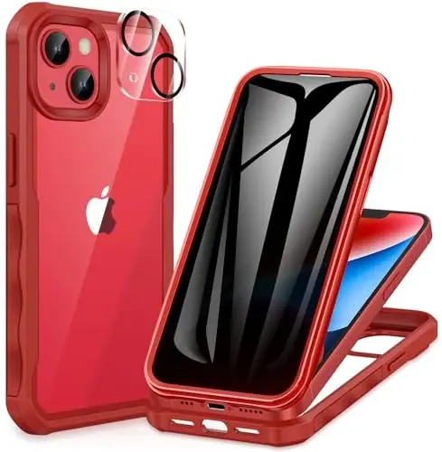 CENHUFO Privacy for iPhone 14 Plus Case, Full Body Phone Case with Built-in 9H Tempered Glass Privacy Screen Protector and Camera Lens Protector, Anti Peep Spy Shockproof Bumper Clear Cover - Red - 1