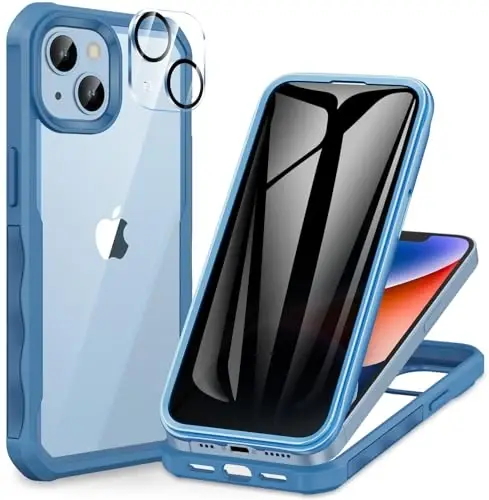 CENHUFO iPhone 14 Plus Kılıfı için Gizlilik, Dahili 9H Temperli Cam Gizlilik Ekran Koruyucu ve Kamera Lensi Koruyucu ile Tam Gövde Telefon Kılıfı, açık mavi 