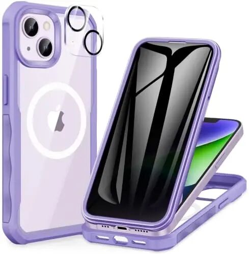 CENHUFO Privacy for iPhone 14 Plus Case, Full Body Phone Case with Built-in 9H Tempered Glass Privacy Screen Protector and Camera Lens Protector, Anti Peep Shockproof Bumper Clear Cover - Purple - CENHUFO