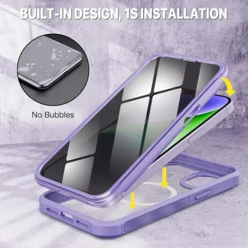 CENHUFO iPhone 14 Plus uchun maxfiylik g'ilofi, o'rnatilgan 9H temperli shisha maxfiylik ekran himoyachisi va kamera linzalari himoyachisi, ko'zdan kechirishga qarshi zarbga chidamli bamperli shaffof qopqoq - binafsha - 3