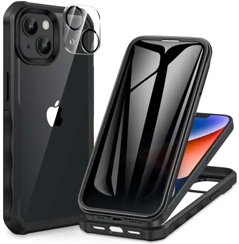 CENHUFO iPhone 14 Plus uchun shaxsiy qulf, o'rnatilgan 9H temperli shisha shaxsiy ekran himoyachisi va kamera linzalari himoyachisi, o'g'irlikga qarshi zarbaga bardoshli bamperli shaffof qopqoq - Qora - CENHUFO