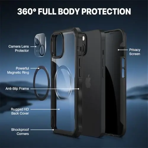 CENHUFO iPhone 14 Plus uchun shaxsiy qulf, o'rnatilgan 9H temperli shisha shaxsiy ekran himoyachisi va kamera linzalari himoyachisi, o'g'irlikga qarshi zarbaga bardoshli bamperli shaffof qopqoq - Qora - 5