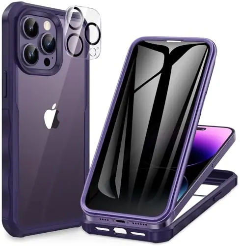 CENHUFO Privacy for iPhone 14 Pro Case, Full Body Phone Case with Built-in 9H Tempered Glass Privacy Screen Protector and Camera Lens Protector, Anti Peep Shockproof Bumper Clear Cover - Deep Purple - 1