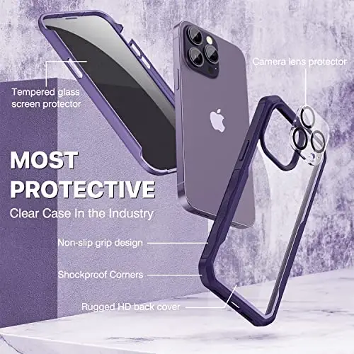 CENHUFO Privacy for iPhone 14 Pro Case, Full Body Phone Case with Built-in 9H Tempered Glass Privacy Screen Protector and Camera Lens Protector, Anti Peep Shockproof Bumper Clear Cover - Deep Purple - 3