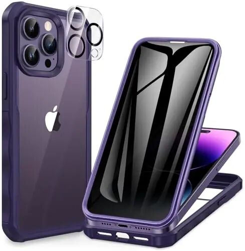 CENHUFO Privacy for iPhone 14 Pro Case, Full Body Phone Case with Built-in 9H Tempered Glass Privacy Screen Protector and Camera Lens Protector, Anti Peep Shockproof Bumper Clear Cover - Deep Purple - CENHUFO