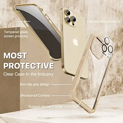 CENHUFO Privacy for iPhone 14 Pro Case, Full Body Phone Case with Built-in 9H Tempered Glass Privacy Screen Protector and Camera Lens Protector, Anti Peep Spy Shockproof Bumper Clear Cover - Beige - 9