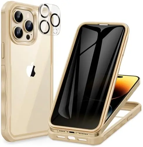 CENHUFO Privacy for iPhone 14 Pro Case, Full Body Phone Case with Built-in 9H Tempered Glass Privacy Screen Protector and Camera Lens Protector, Anti Peep Spy Shockproof Bumper Clear Cover - Beige 