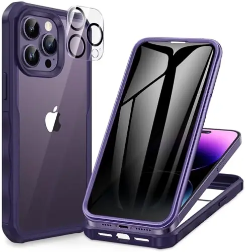 CENHUFO Privacy for iPhone 14 Pro Max Case, Full Body Phone Case with Built-in 9H Tempered Glass Privacy Screen Protector and Camera Lens Protector, Anti Peep Shockproof Bumper Cover - Deep Purple - 1