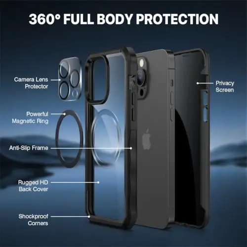 CENHUFO iPhone 14 Pro Max uchun maxfiylik gʻilofi, oʻrnatilgan 9H temperlangan shisha maxfiylik ekran himoyachisi va kamera linzalari himoyachisi, zarbaga chidamli bamperli shaffof qopqoqli toʻliq korpusli telefon gʻilofi - Qora - 5