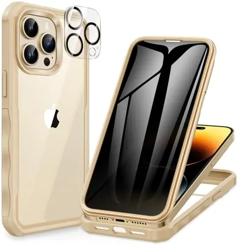 CENHUFO iPhone 14 Pro Max uchun maxfiylik g'ilofi, o'rnatilgan 9H temperli shisha maxfiylik ekran himoyachisi va kamera linzalari himoyachisi bilan to'liq korpusli telefon g'ilofi, chayqalishga qarshi zarbga chidamli bamperli shaffof qopqoq - bej - 1
