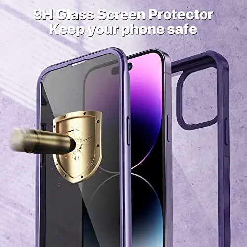 CENHUFO iPhone 14 Pro Max uchun shaxsiy himoya gʻilofi, oʻrnatilgan 9H temperlangan shisha shaxsiy himoya ekrani va kamera linzalari himoyasi, zarbaga chidamli bamper qopqogʻi - toʻq binafsha - 4