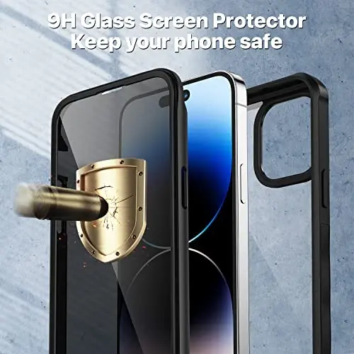 CENHUFO iPhone 14 Pro uchun maxfiylik gʻilofi, oʻrnatilgan 9H temperli shisha maxfiylik ekran himoyachisi va kamera linzalari himoyachisi bilan toʻliq korpusli telefon gʻilofi, koʻzdan kechiruvchi, zarbga chidamli bamperli shaffof qopqoq - qora - 4