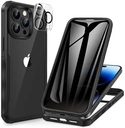 CENHUFO iPhone 14 Pro uchun maxfiylik gʻilofi, oʻrnatilgan 9H temperli shisha maxfiylik ekran himoyachisi va kamera linzalari himoyachisi bilan toʻliq korpusli telefon gʻilofi, koʻzdan kechiruvchi, zarbga chidamli bamperli shaffof qopqoq - qora - 1