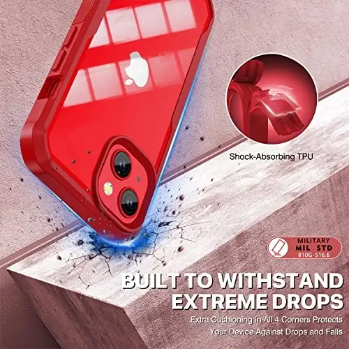 CENHUFO Privacy for iPhone 14 Case/iPhone 13 Case, Full Body Phone Case with Built-in 9H Tempered Glass Privacy Screen Protector and Camera Lens Protector, Shockproof Bumper Clear Cover - Red - 5