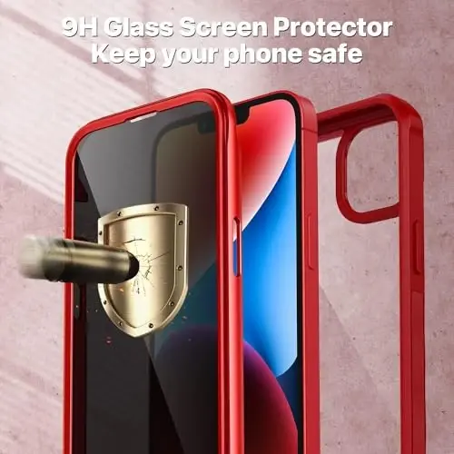 CENHUFO Privacy for iPhone 14 Case/iPhone 13 Case, Full Body Phone Case with Built-in 9H Tempered Glass Privacy Screen Protector and Camera Lens Protector, Shockproof Bumper Clear Cover - Red - 4