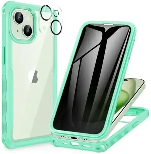 CENHUFO Privacy for iPhone 15 Case, Full Body Phone Case with Built-in 9H Tempered Glass Privacy Screen Protector and Camera Lens Protector, Anti Peep Spy Shockproof Bumper Clear Cover - Green 