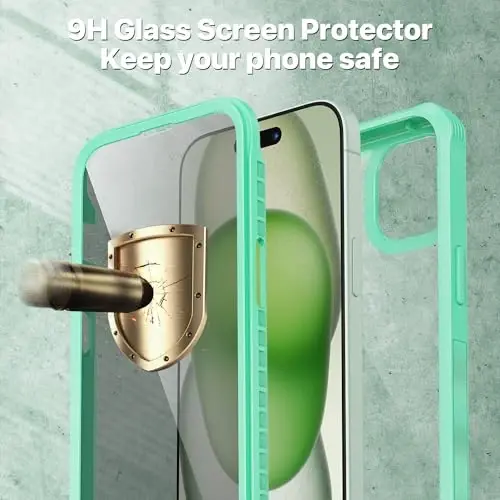 CENHUFO Privacy for iPhone 15 Case, Full Body Phone Case with Built-in 9H Tempered Glass Privacy Screen Protector and Camera Lens Protector, Anti Peep Spy Shockproof Bumper Clear Cover - Green - 10