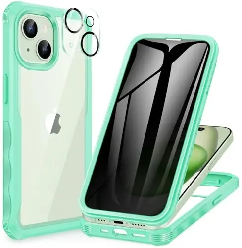CENHUFO Privacy for iPhone 15 Case, Full Body Phone Case with Built-in 9H Tempered Glass Privacy Screen Protector and Camera Lens Protector, Anti Peep Spy Shockproof Bumper Clear Cover - Green - 1
