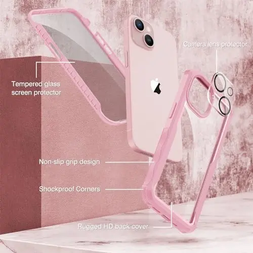 CENHUFO Privacy for iPhone 15 Case, Full Body Phone Case with Built-in 9H Tempered Glass Privacy Screen Protector and Camera Lens Protector, Anti Peep Spy Shockproof Bumper Clear Cover - Pink - 9