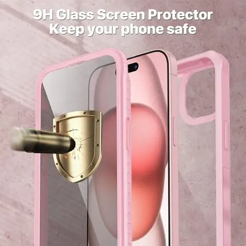 CENHUFO Privacy for iPhone 15 Case, Full Body Phone Case with Built-in 9H Tempered Glass Privacy Screen Protector and Camera Lens Protector, Anti Peep Spy Shockproof Bumper Clear Cover - Pink - 10