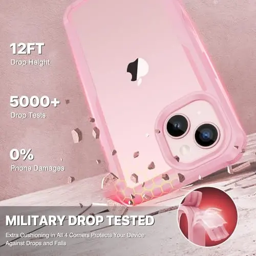 CENHUFO Privacy for iPhone 15 Case, Full Body Phone Case with Built-in 9H Tempered Glass Privacy Screen Protector and Camera Lens Protector, Anti Peep Spy Shockproof Bumper Clear Cover - Pink - 11