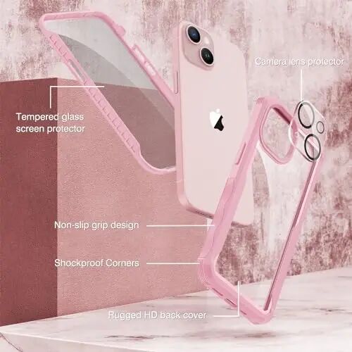 CENHUFO Privacy for iPhone 15 Case, Full Body Phone Case with Built-in 9H Tempered Glass Privacy Screen Protector and Camera Lens Protector, Anti Peep Spy Shockproof Bumper Clear Cover - Pink - 3